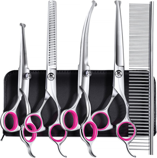 Titanium Coated Professional 6 in 1 4CR Stainless Steel Dog Grooming Scissors with Safety Round Tip, Heavy Duty Pet Grooming Scissor for Dogs, Cats and Other Animals
