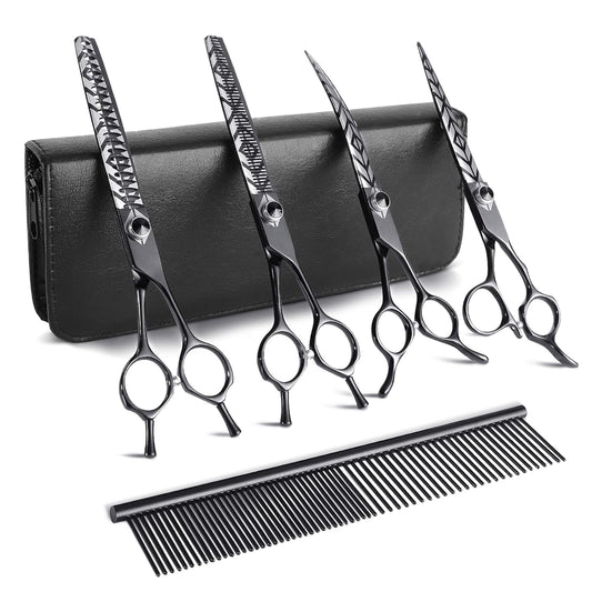" Black Dog Grooming Scissors Kit - Straight, Curved, Thinning & Texturizing Shears with Comb