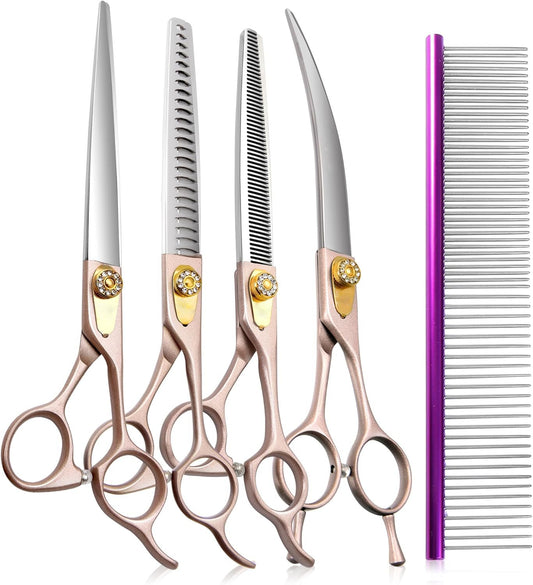 Professional 7.0-inch Rose Gold Dog Grooming Scissors Set - 440C Stainless Steel Curved, Thinning & Straight Shears with Comb