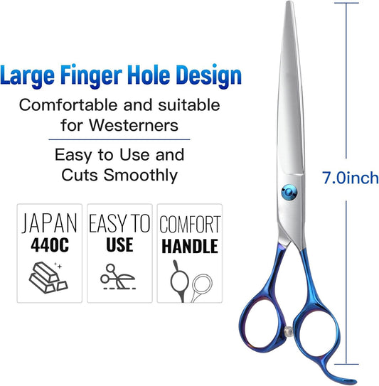 Professional 440C Stainless Steel Grooming Scissors - 62 HRC Hardness with Blue Iridescent Handles - Sharp & Durable