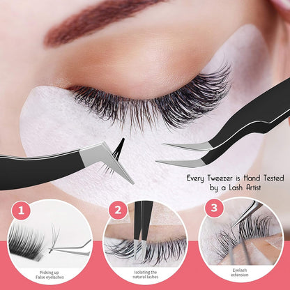 4-Piece Professional Gold Tip Eyelash Extension Tweezer Set for Salon Use