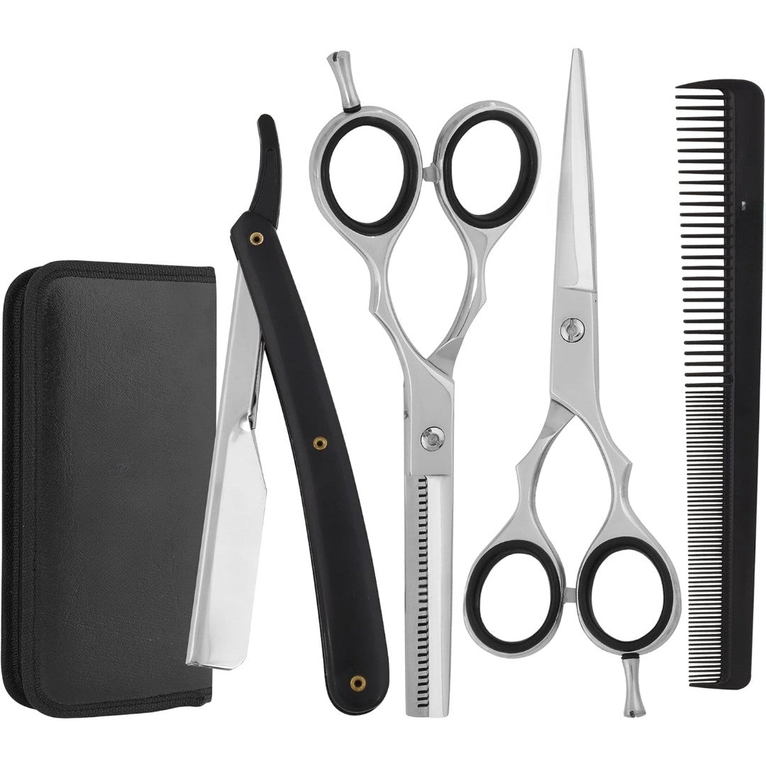 Professional 4-Piece Hair Cutting & Thinning Scissors Set - Black Hairdressing Kit with Comb & Accessories Gift Set