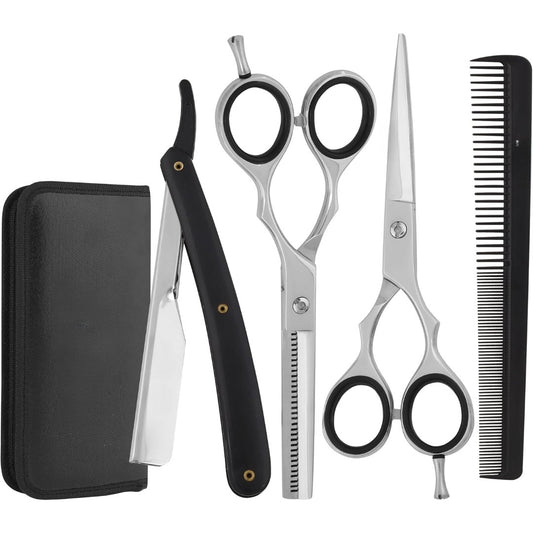 Professional 4-Piece Hair Cutting & Thinning Scissors Set - Black Hairdressing Kit with Comb & Accessories Gift Set