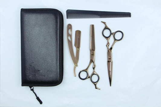 Professional Gold Barber Kit - 5-Piece Hair Cutting Set with Straight Razor, Straight, Curved & Thinning Shears, and Comb with Case