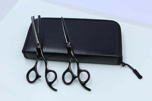 Professional Black Barber Kit - 5-Piece Hair Cutting Set with Straight Razor, Straight, Curved & Thinning Shears, and Comb with Case
