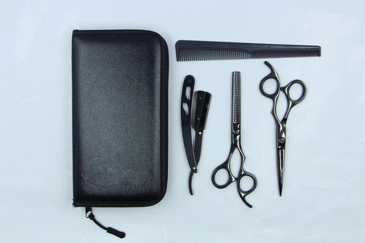 Professional Black Barber Kit - 5-Piece Hair Cutting Set with Straight Razor, Straight, Curved & Thinning Shears, and Comb with Case