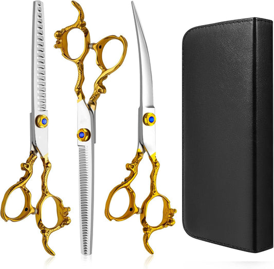 Professional Dragon Style Gold Pet Grooming Scissors Set - Curved, Thinning & Straight Shears with Case for Cats & Dogs