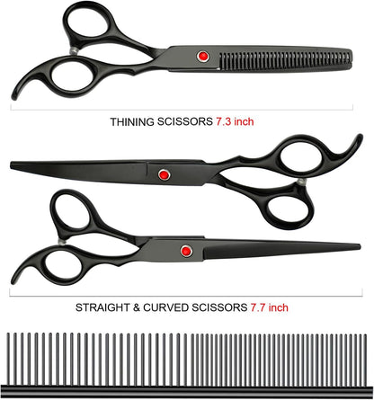 Professional Dog Grooming Scissors Set Stainless Steel Dog Grooming Kit - Thinning, Curved Scissors and Comb for Dog Cat Pet (Black 5 in1)