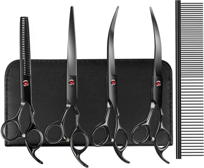 7.0in Titanium Professional Dog Grooming Scissors Set, BITE 6 in 1 Straight & Thinning & Upwards Curved & Downwards Curved Scissors & Comb for Dogs, Cats and Other Animals