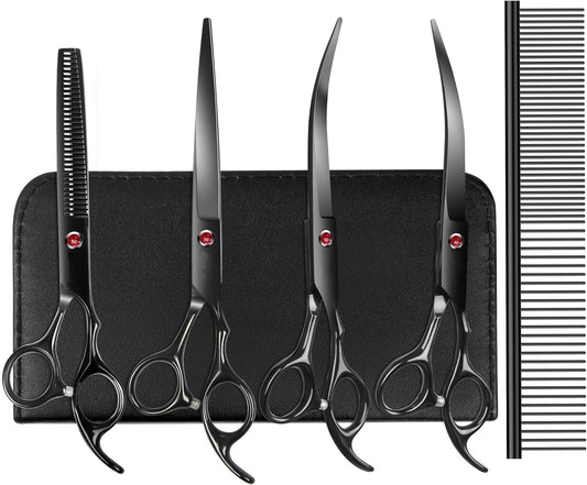 7.0in Titanium Professional Dog Grooming Scissors Set, BITE 6 in 1 Straight & Thinning & Upwards Curved & Downwards Curved Scissors & Comb for Dogs, Cats and Other Animals
