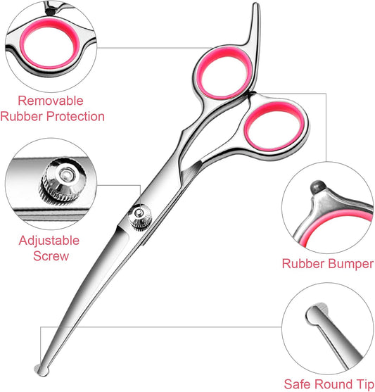 Dog Grooming Kit with Safety Round Tips Stainless Steel Professional Dog Shears Set - Thinning, Curved Scissors and Comb for Cat Pet