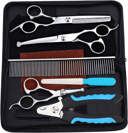 Professional Dog Grooming Kit - All-in-One Scissors Set, Nail Clipper, Comb & File with Case
