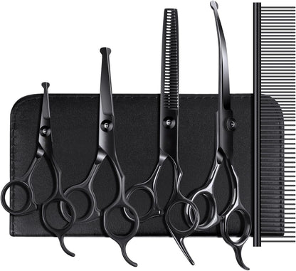 Professional 6-in-1 Titanium-Coated Dog & Cat Grooming Scissors Set - Safety Shears Kit for All Pet Sizes