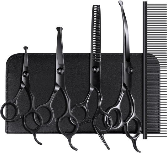 Professional 6-in-1 Titanium-Coated Dog & Cat Grooming Scissors Set - Safety Shears Kit for All Pet Sizes