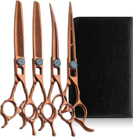 Professional Rose Gold Dog Grooming Scissors Set - 4-Piece Kit with Curved, Thinning, Straight & Chunker Shears