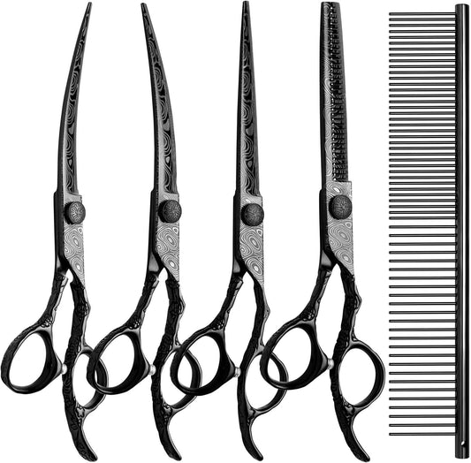 Professional 5-in-1 7.0-inch Black & Gold Dog Grooming Scissors Set - Straight, Thinning, Up & Down Curved Shears with Comb