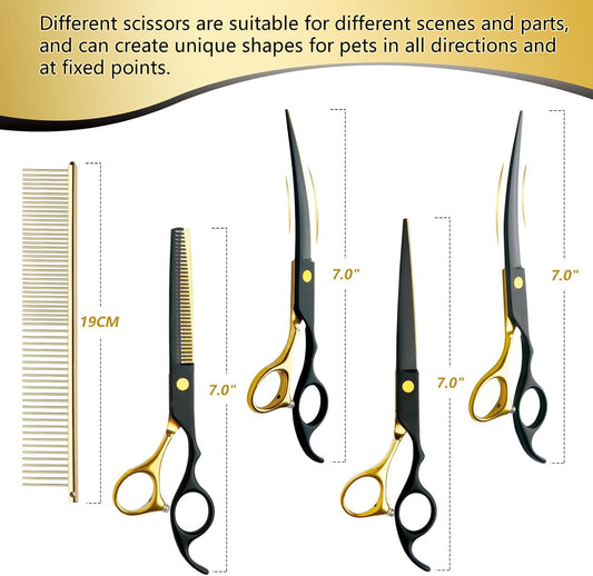 Professional 7.0in Black & Gold Pet Grooming Scissors Set - 5-in-1 Stainless Steel Kit for Dogs & Cats
