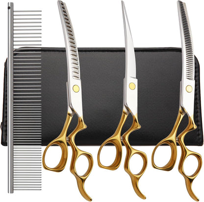 Dog Grooming Scissors,Curved Chunkers Shears Dog Grooming with Safety Round Tips, Sharp and Comfortable 4 in 1 Dog Scissors for Grooming