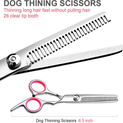 Dog Grooming Kit with Safety Round Tips Stainless Steel Professional Dog Shears Set - Thinning, Curved Scissors and Comb for Cat Pet