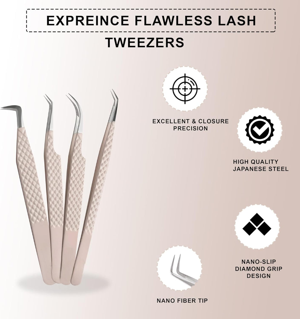4-Piece Eyelash Tweezer Set | Stainless Steel Lash Tools for Volume Extensions Tweezer