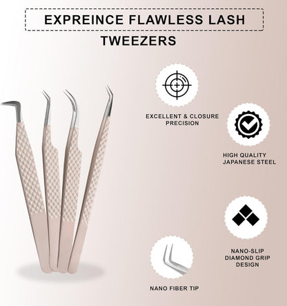 4-Piece Eyelash Tweezer Set | Stainless Steel Lash Tools for Volume Extensions Tweezer