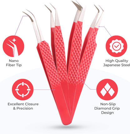4-Piece Eyelash Tweezer Set | Stainless Steel Lash Tools for Volume Extensions Tweezer