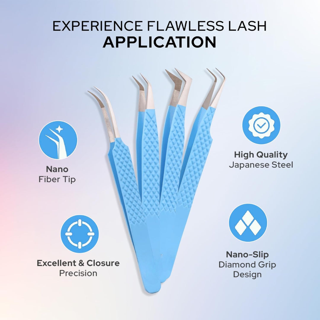 4-Piece Eyelash Tweezer Set | Stainless Steel Lash Tools for Volume Extensions Tweezer