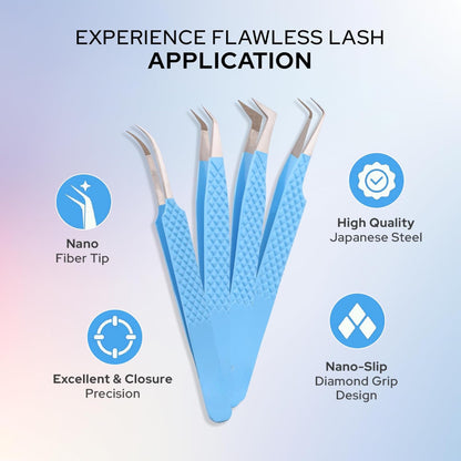 4-Piece Eyelash Tweezer Set | Stainless Steel Lash Tools for Volume Extensions Tweezer