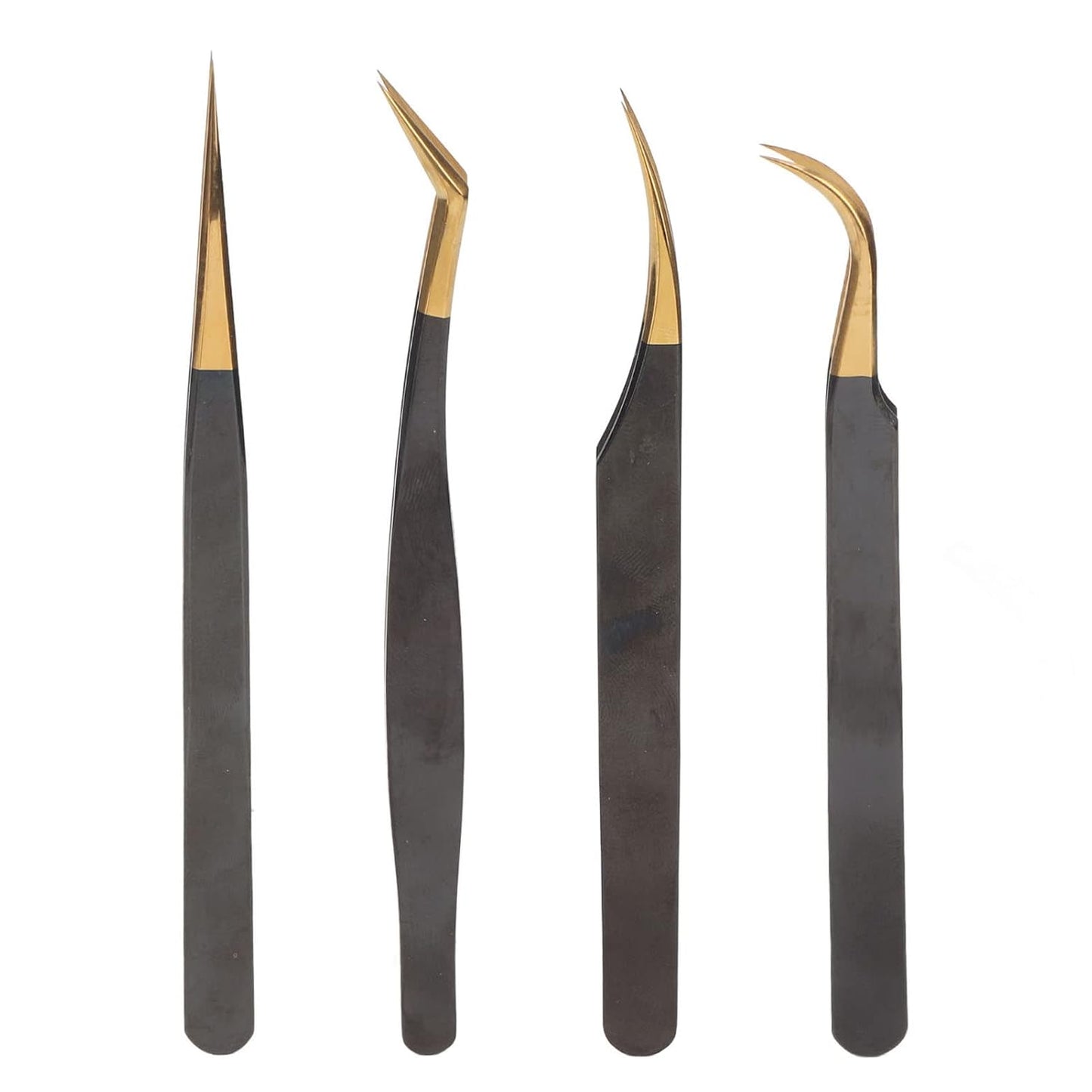 4-Piece Professional Gold Tip Eyelash Extension Tweezer Set for Salon Use