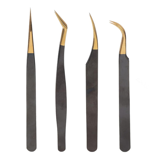4-Piece Professional Gold Tip Eyelash Extension Tweezer Set for Salon Use