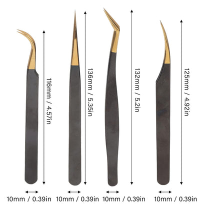 4-Piece Professional Gold Tip Eyelash Extension Tweezer Set for Salon Use