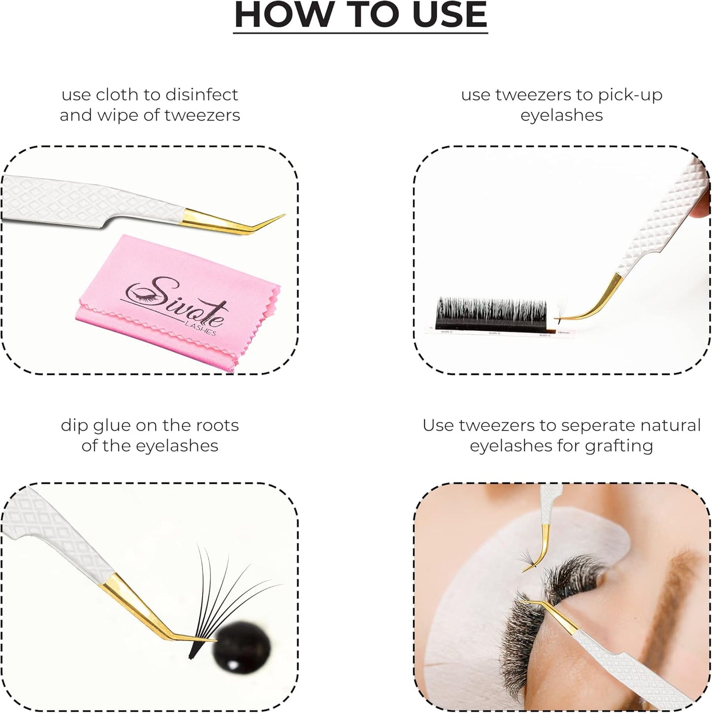 Bite Instruments Set Diamond Gold Grip Eyelash Extensions Tweezers German Stainless Steel