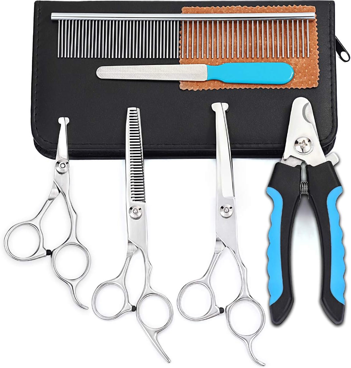 Professional Dog Grooming Kit - All-in-One Scissors Set, Nail Clipper, Comb & File with Case