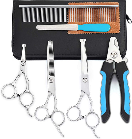 Professional Dog Grooming Kit - All-in-One Scissors Set, Nail Clipper, Comb & File with Case