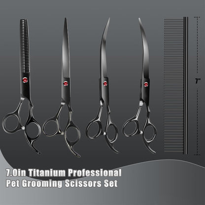 7.0in Titanium Professional Dog Grooming Scissors Set, BITE 6 in 1 Straight & Thinning & Upwards Curved & Downwards Curved Scissors & Comb for Dogs, Cats and Other Animals