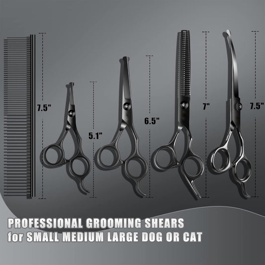 Professional 6-in-1 Titanium-Coated Dog & Cat Grooming Scissors Set - Safety Shears Kit for All Pet Sizes