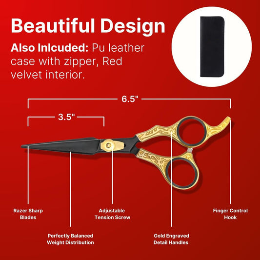 oldBlack Series Professional Hair Cutting Scissors - Gold Ornate Handle Straight Shears with Case