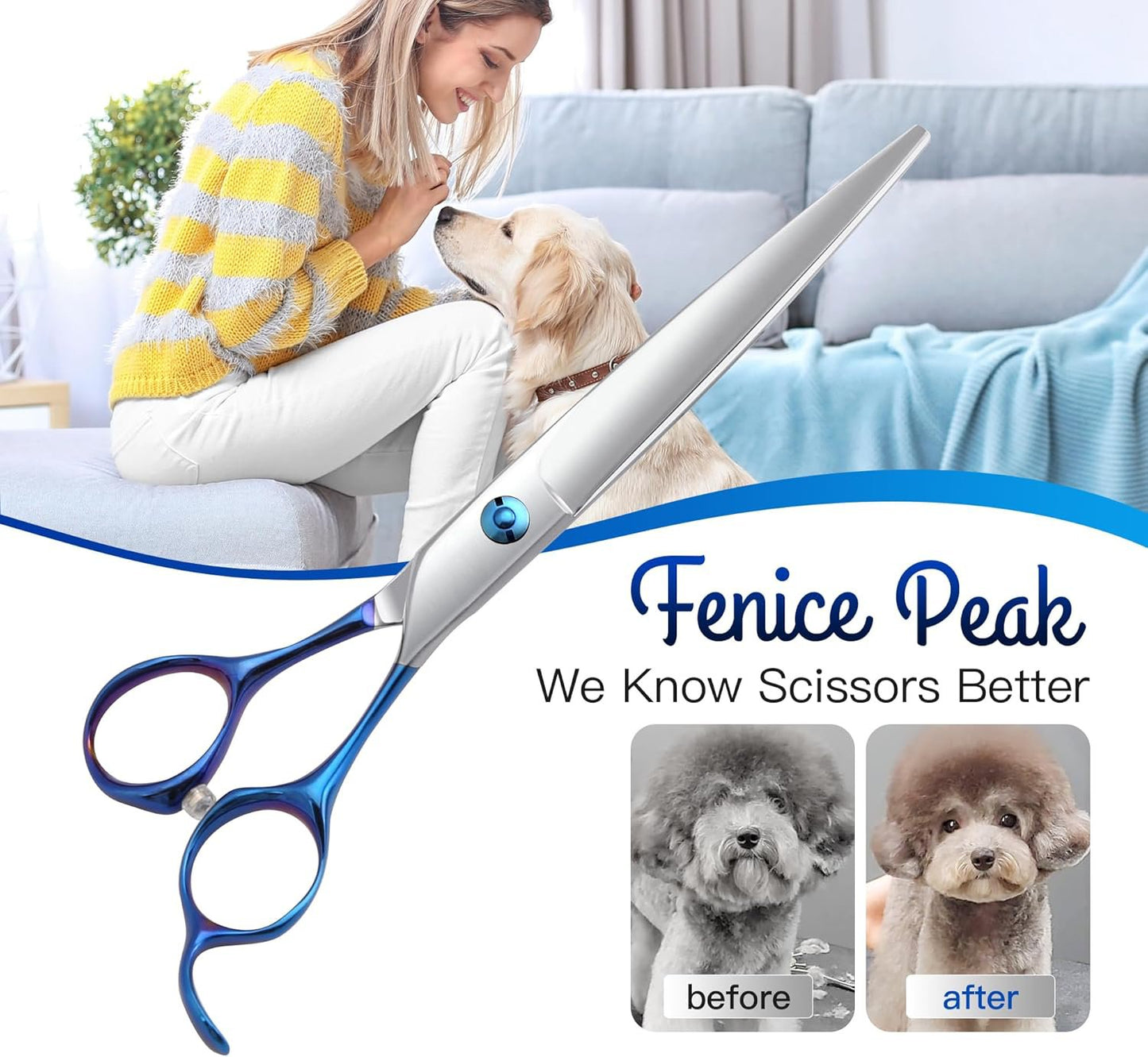 Professional 440C Stainless Steel Grooming Scissors - 62 HRC Hardness with Blue Iridescent Handles - Sharp & Durable