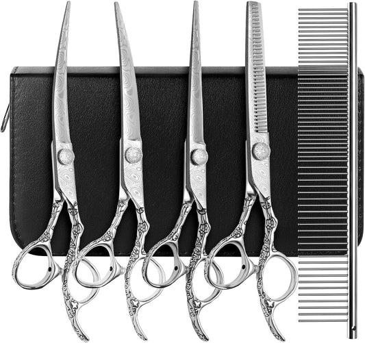 Professional 5-in-1 7.0-inch Black & Gold Dog Grooming Scissors Set - Straight, Thinning, Up & Down Curved Shears with Comb