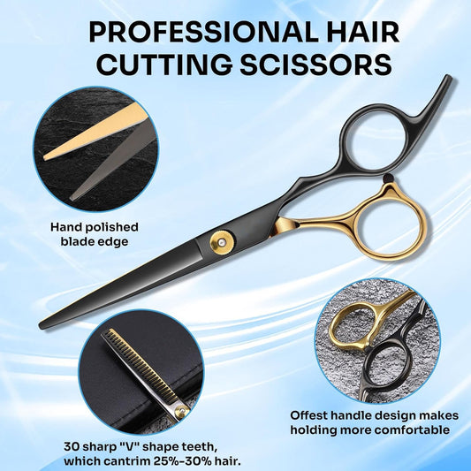 Professional 17-Piece Hair Cutting & Thinning Scissors Kit - Black & Gold Shears, Combs, Cape & Styling Accessories with Case