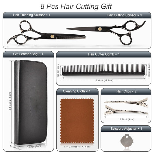 Professional 8-Piece Hair Cutting & Thinning Scissors Set - Black Hairdressing Kit with Comb & Accessories Gift Set