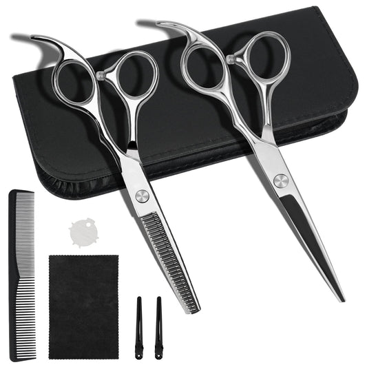 Professional 6.5-inch Hair Cutting & Thinning Shears Kit - Silver Scissors with Comb, Clips & Case