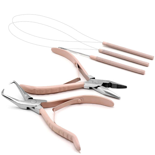 Professional Hair Extension & Beading Tool Kit – Tea Pink (4 Pieces)