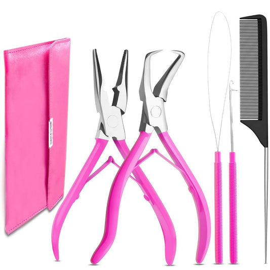 Hair Extension Tools- Stainless Steel Pliers Set for Micro Beads 1 Crochet Needle 1 Pulling Hook with Tail Comb