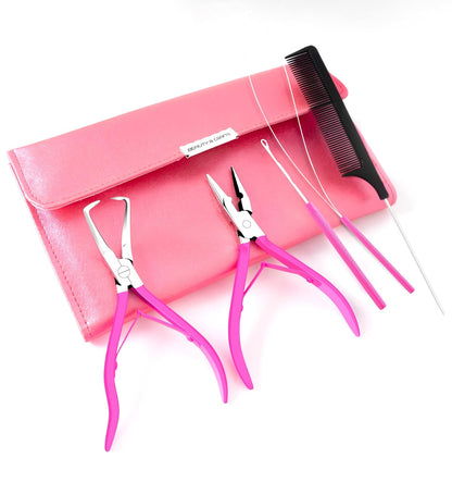 Hair Extension Tools- Stainless Steel Pliers Set for Micro Beads 1 Crochet Needle 1 Pulling Hook with Tail Comb