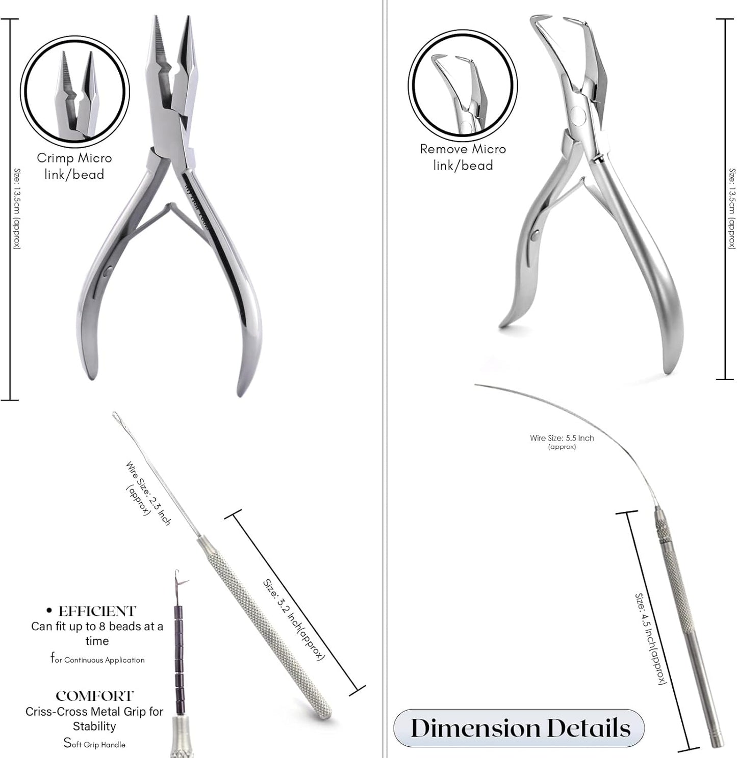 Bite Instruments Professional Hair Extension & Beading Tool Kit – Silver (4 Pieces)