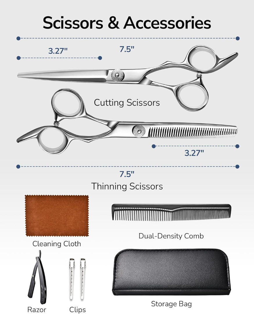 Professional 7-Piece Hair Cutting & Thinning Scissors Set - Black Hairdressing Kit with Comb & Accessories Gift Set