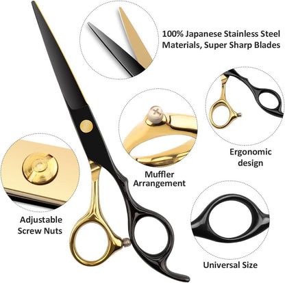 Professional 7-Piece Hair Cutting & Thinning Scissors Set - Black Hairdressing Kit with Comb & Accessories Gift Set
