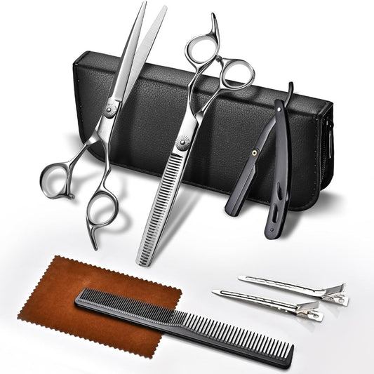Professional 7-Piece Hair Cutting & Thinning Scissors Set - Black Hairdressing Kit with Comb & Accessories Gift Set