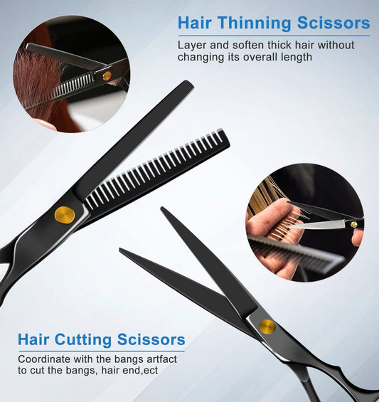 Professional Haircut Scissors Kit - 6.7"/6.89" Black Cutting & Thinning Shears Set with Comb, Cape, Clips & Case